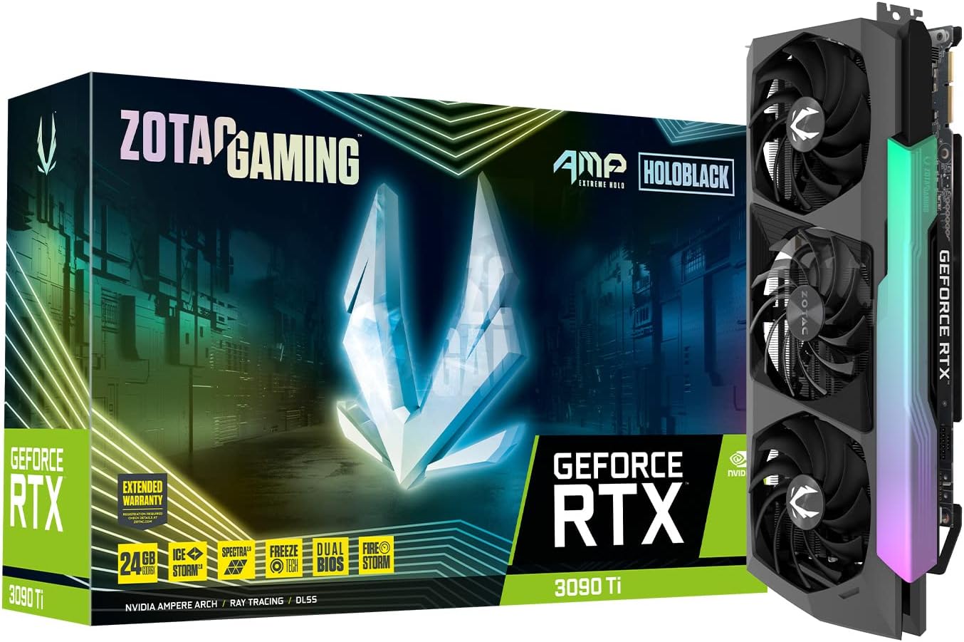 ZOTAC Gaming GeForce RTX™ 3090 Ti AMP Extreme Holo 24GB GDDR6X 384-bit 21 Gbps PCIE 4.0 Graphics Card, HoloBlack, IceStorm 2.0 Advanced Cooling, Spectra 2.0 RGB Lighting, ZT-A30910B-10P