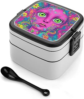 Double Layered Salad Lunch Container with Spoon Trippy Face Colors Art (1) Stackable Double Layered Bento Lunch Box Containers