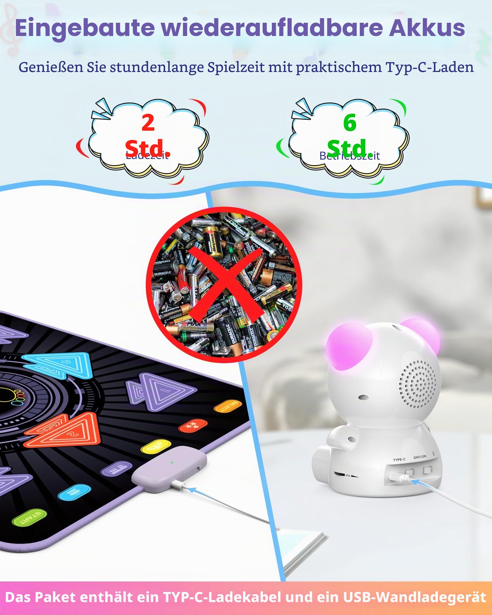 Tanzmatte Kinder - Wiederaufladbares elektronisches leuchtende Tanzmatte mit Bluetooth-Musikplayer & LED-Leuchten & T5 Spielmodi, Geschenk für Mädchen im Alter von 3-12 Jahren, Jungen