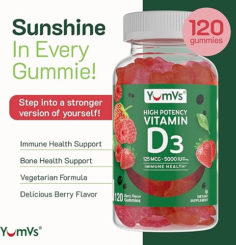 Vista 10 de YUM-V'S Gomitas de vitamina D3 de 5000 UI 125mcg D3 - Apoya el apoyo inmunológico, fuerte salud ósea, sin OMG, sin gluten, sin lácteos, gomitas