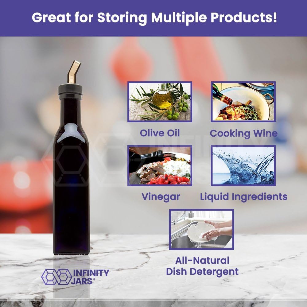 Infinity Jars Black Ultraviolet Square Glass Oil Bottle 250Ml (8.5 Fl oz) w/Plastic Pour Spout, Airtight Round Refill Vinegar Cruet Cooking Oil Dispenser Bottle, Olive Oil Bottle for Kitchen 3-Pack