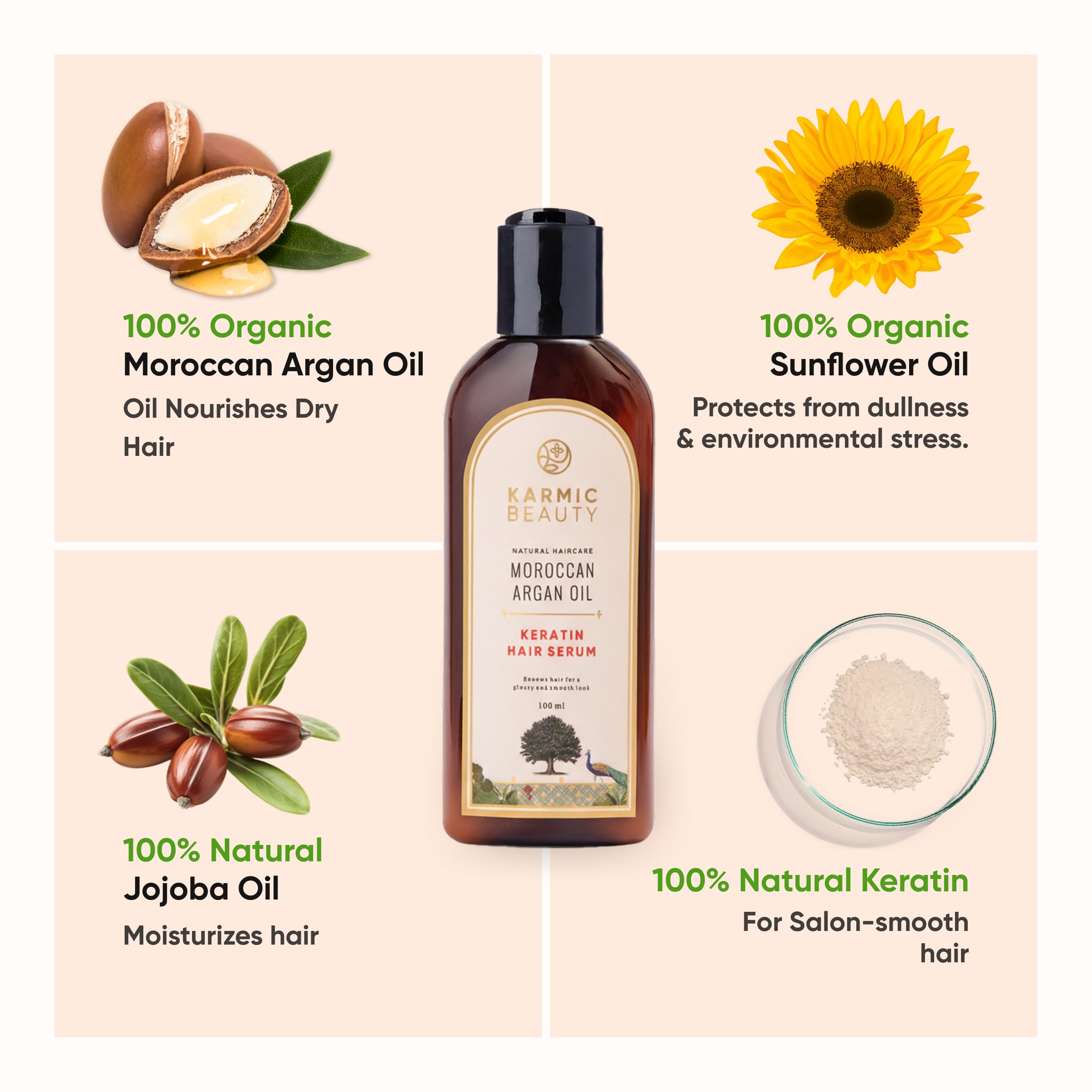 KARMIC BEAUTY Luxuriöses Haarserum mit marokkanischem Arganöl, 100 % biologisch und natürlichem Keratin, für weiches, seidiges und glänzendes Haar, leichte und fettfreie Formel, ohne Sulfate oder