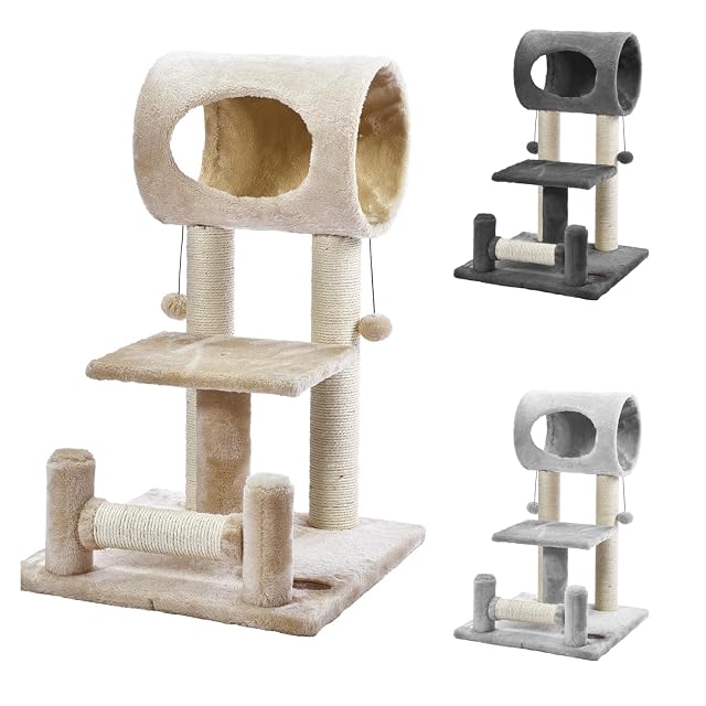 PATAM Árbol rascador de sisal Natural con túnel de casa y Juego, Base Reforzada, fácil Montaje, Ideal…