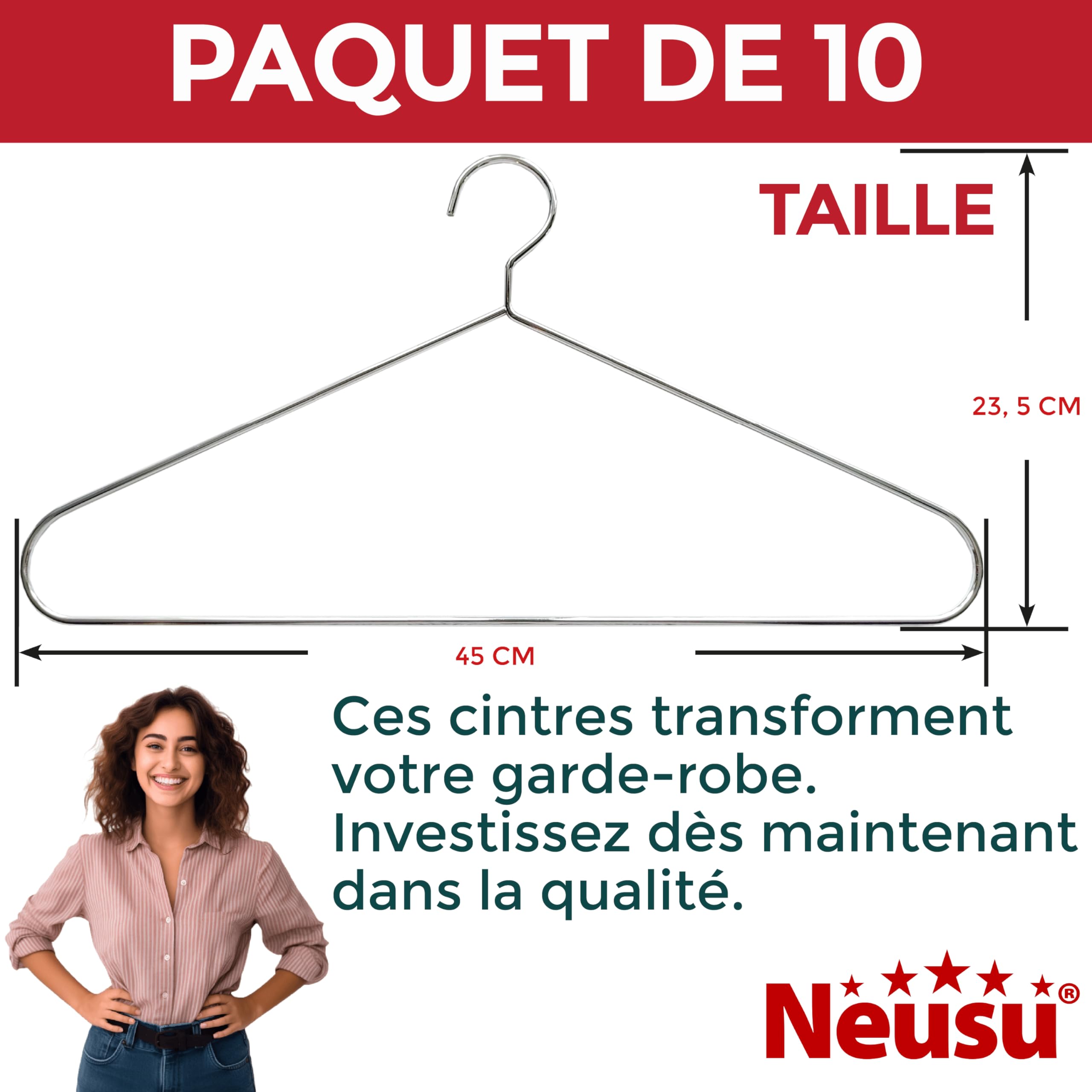 Neusu Cintre Métal Épais de 5 mm Luxe - 45cm - Cintres Solides pour Manteau Lourd - Qualité Hôtelière Robuste (10 Pièces)