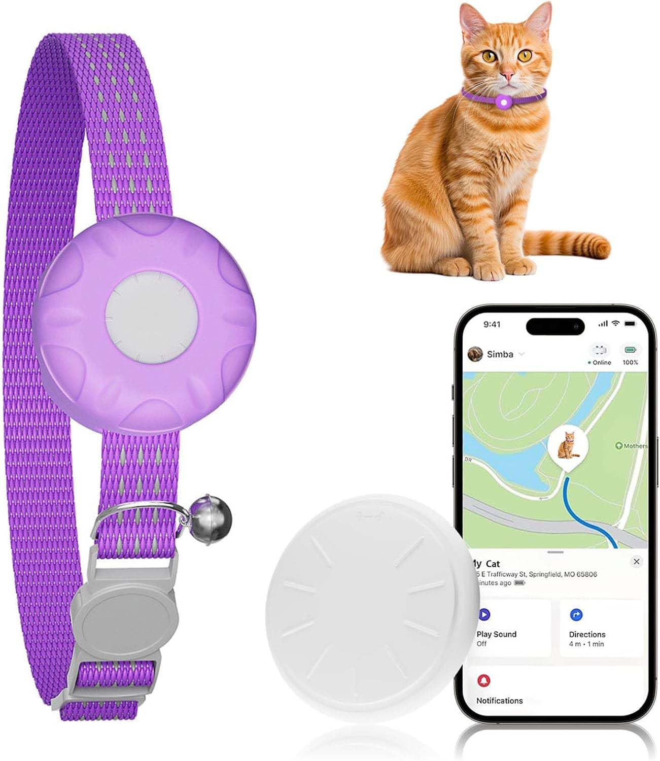 Cat GPS Tracker, Smart Cat Tracker Compatible with Apple Find My App (Only iOS), No Monthly Fee, Waterproof, Breakaway Collar Included, Up to 1 Year Battery (White Tracker, Purple Cat Collar)