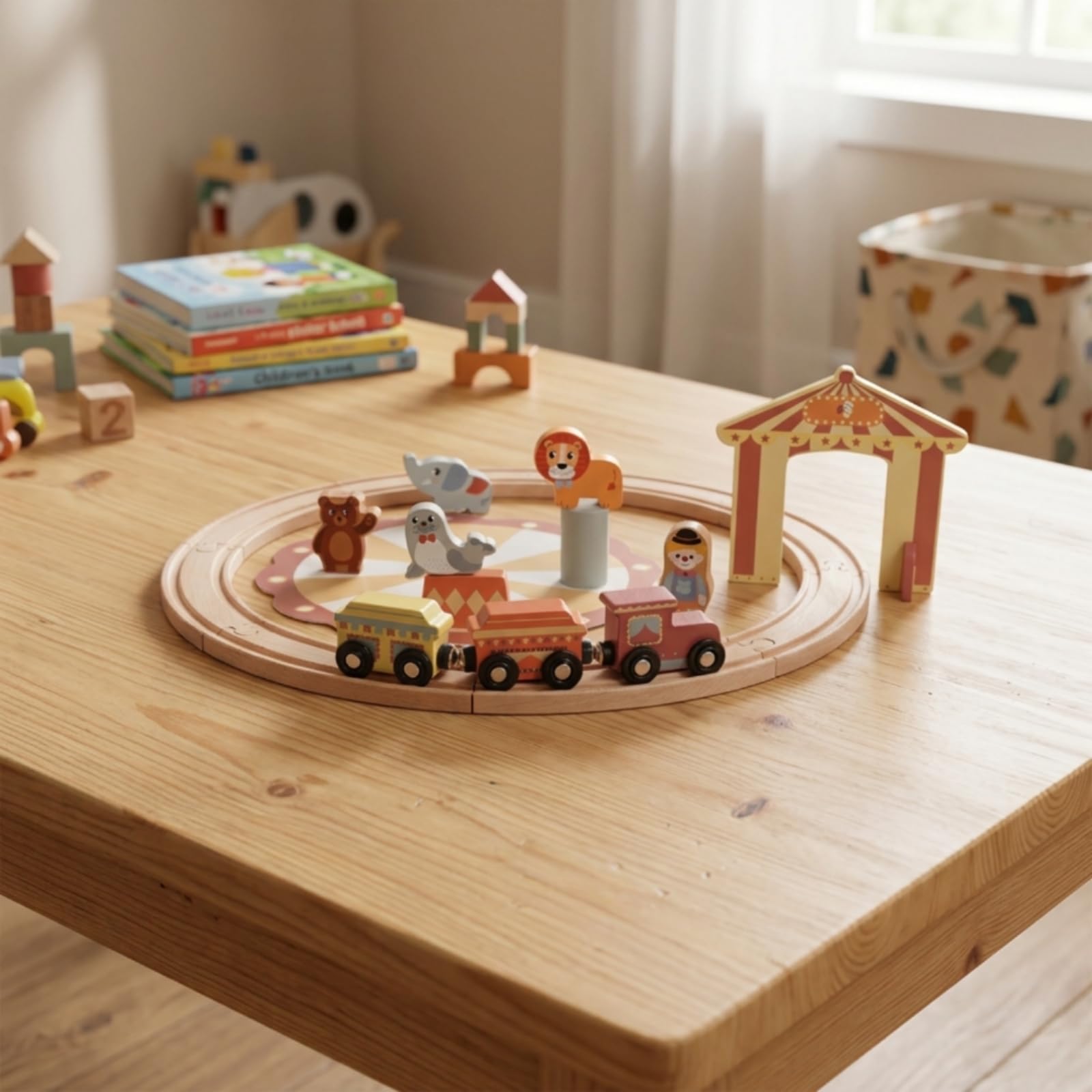 Treno di Legno per Bambini Set Costruzioni Ferrovia Carrozze in Faggio Levigato con Dettagli Dipinti per Narrazioni Adatto a Gioco Domestico Cameretta Regali