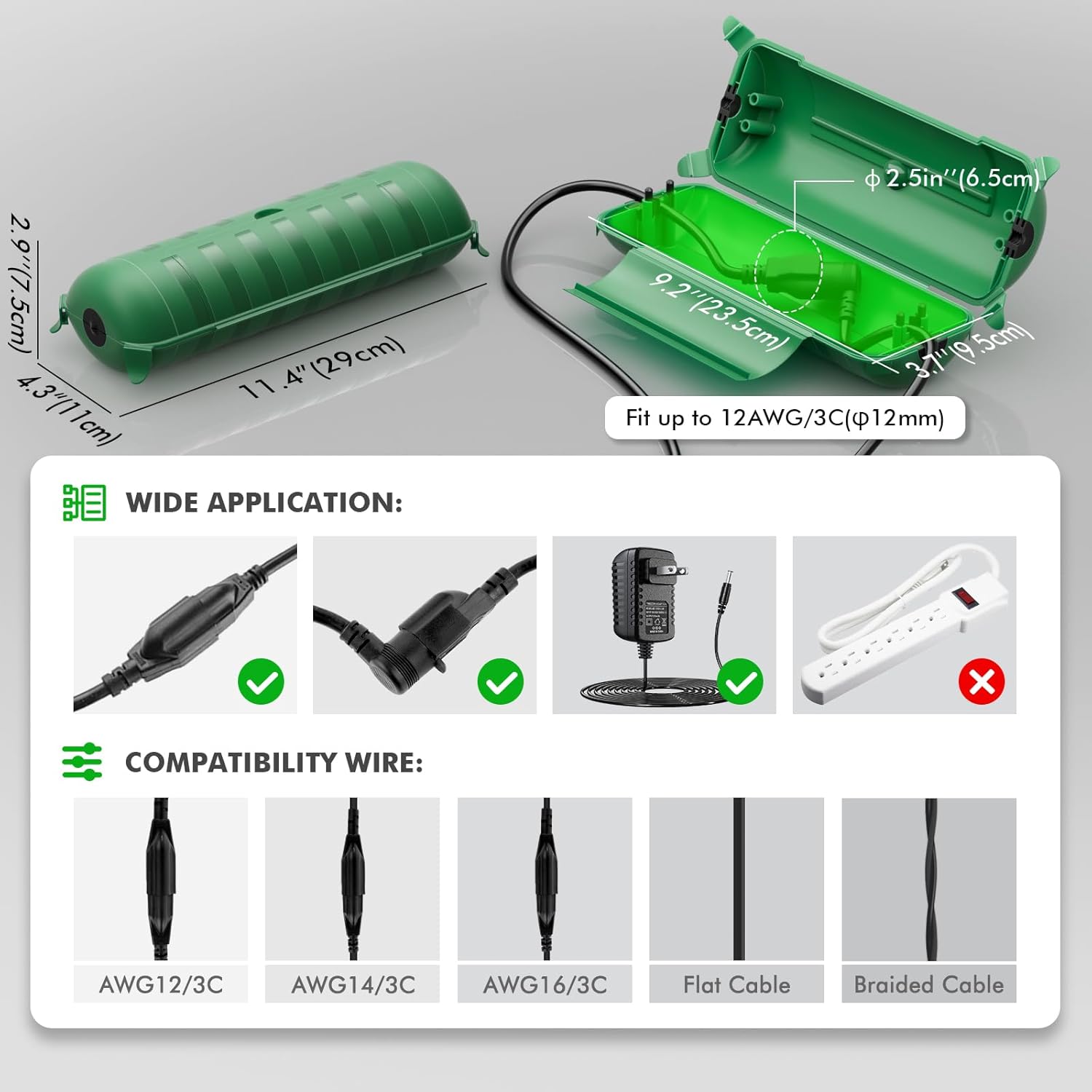 2 Pack of IP44 Outdoor Waterproof Box by Restmo, Weatherproof Extension Cord Cover, Safety Connection Seal for Outdoor Outlet, Electrical Plug, Holiday Decorations, LED Strip Light, Power Tool, Green