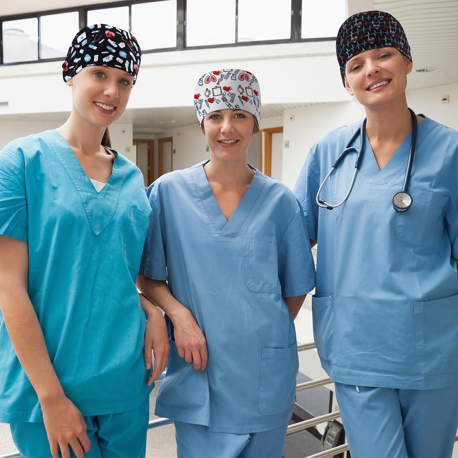 Unittype 4 Pcs Satin Lined Nurse Caps for Women Nursing Bouffant Working Caps with Button and Sweatband Adjustable Scrub Hats - Image 3