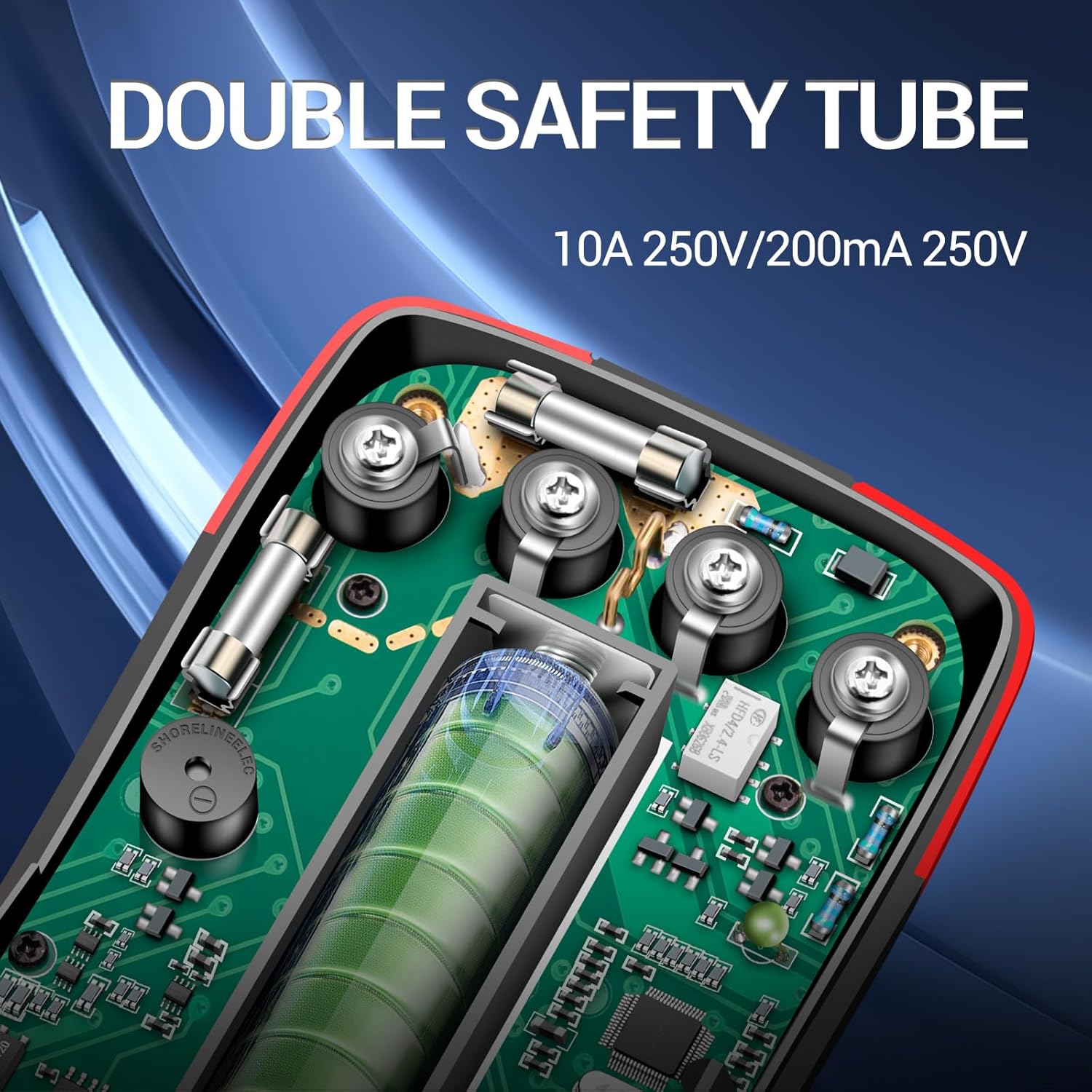 Interni view of the ANENG AOS02 circuit board, showing the dual safety fuses and battery compartment