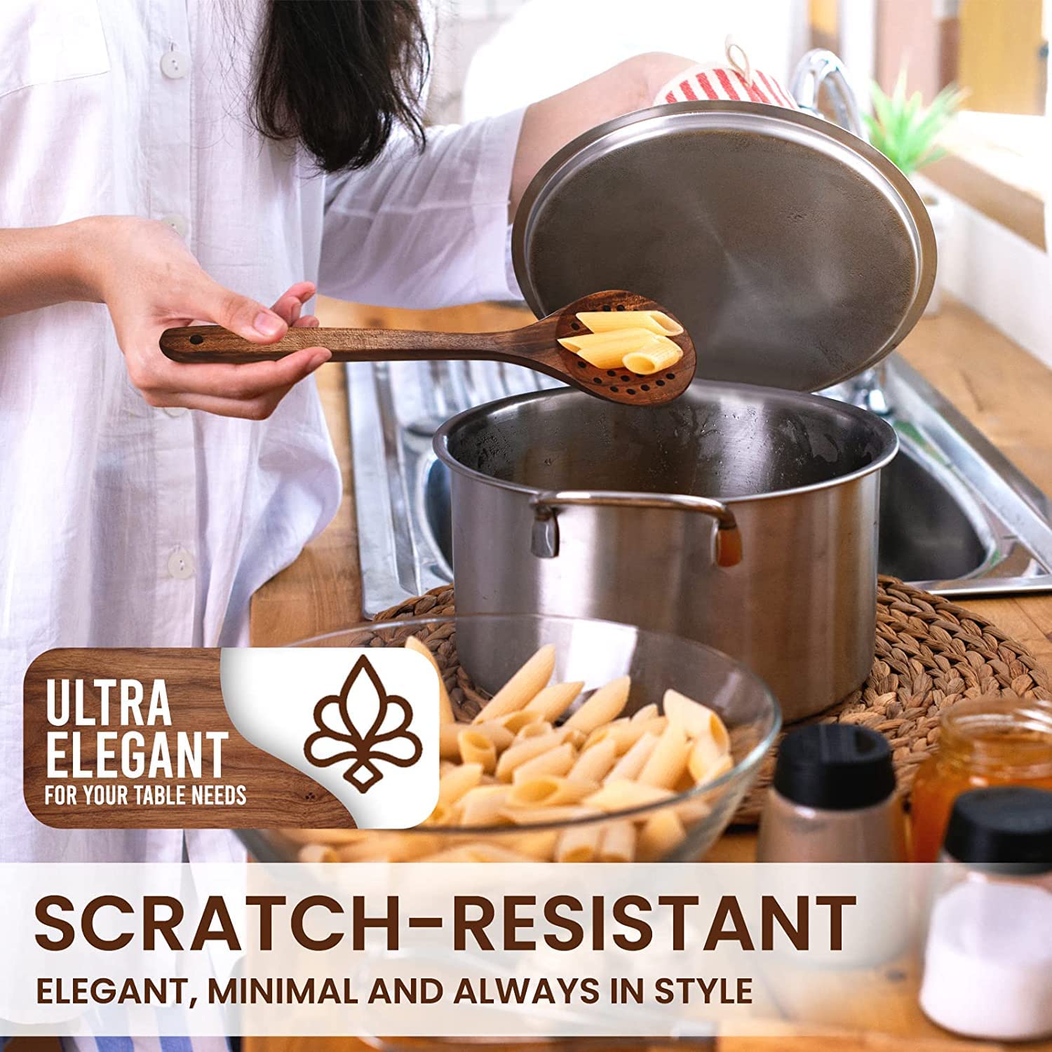 Küchenhelfer-Set aus Akazienholz mit Halterung für Kochen, natürliches Holz-Küchenutensilien-Set mit Spatel und Küchenutensilienhalter Caddy für Arbeitsplatte