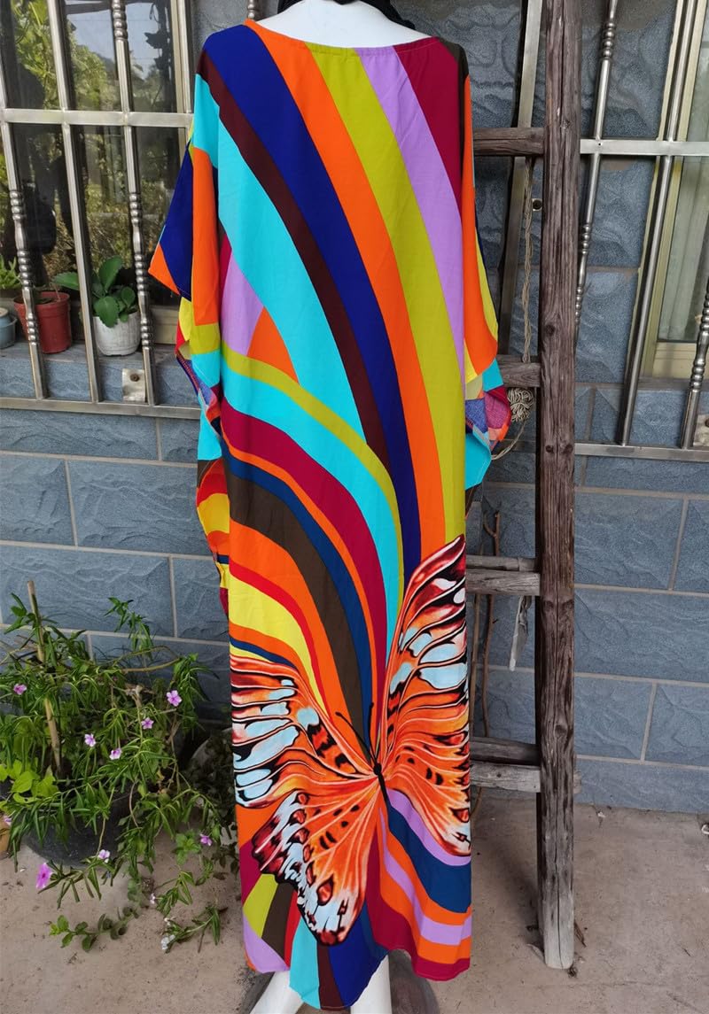 Strandkleid Women's Clothing Print Kaftan Dresses Long Caftans Bathing Suit Cover Up Casual Bikini Beach Dress Multicolor Strandkleider(DN1171 Yellow-Green)
