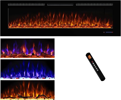 Dreamflame Chimenea eléctrica de 72 pulgadas, insertos de chimenea empotrados y montados en la pared, llama realista con 5 brillos, termostato de