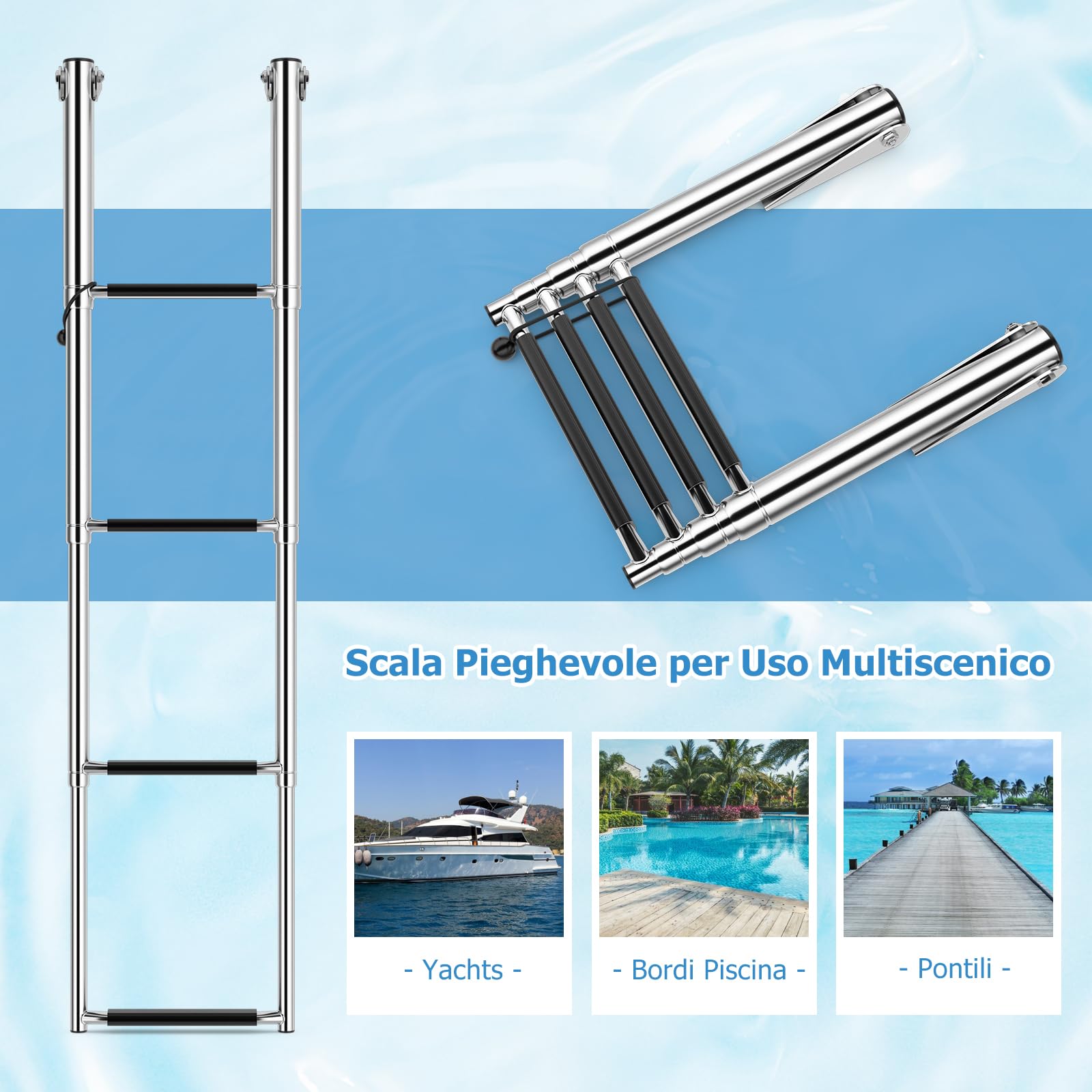 GYMAX Scala Telescopica in Acciaio Inox a 4 Gradini per Barca Pontone, Scala Piattaforma di Nuoto con Gradini Antiscivolo, Scala Estensibile Pieghevole per Barca, Carico di 227 kg