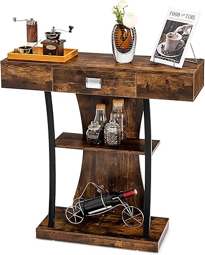 GOFLAME Mesa de consola de 3 niveles con estantes mesa de entrada de madera con dispositivo antiderrocamiento y tubos de metal de apoyo mesa de sofá