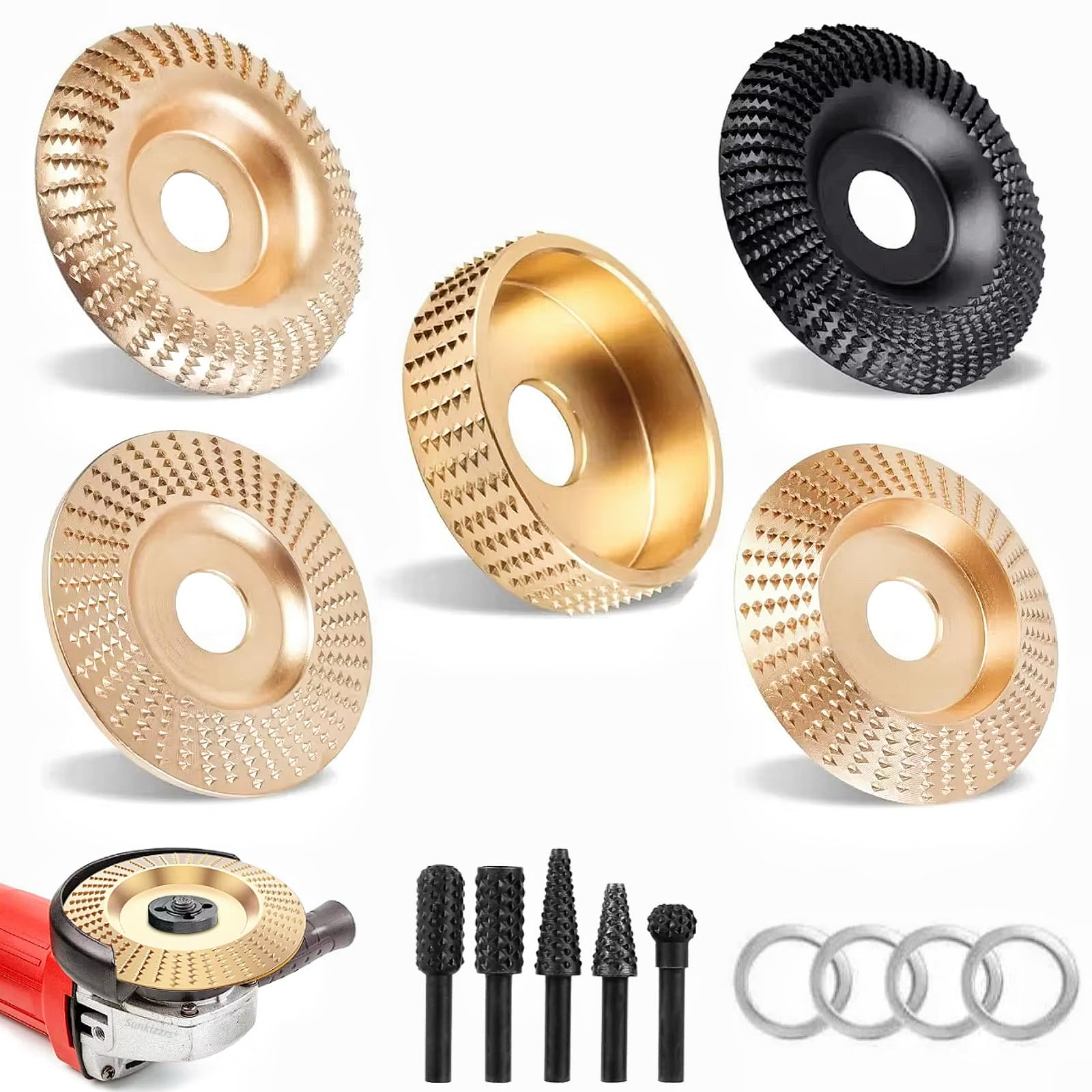 Sunkizzrs® 14-Pcs Wood Carving Disc Set for 100/125mm Angle Grinder | 4 Inch Carbon Steel Grinding Wheel with Rotary Burr Rasp & Reducing Washers for Wood Shaping Polishing Deburring Sculpting-picture-10