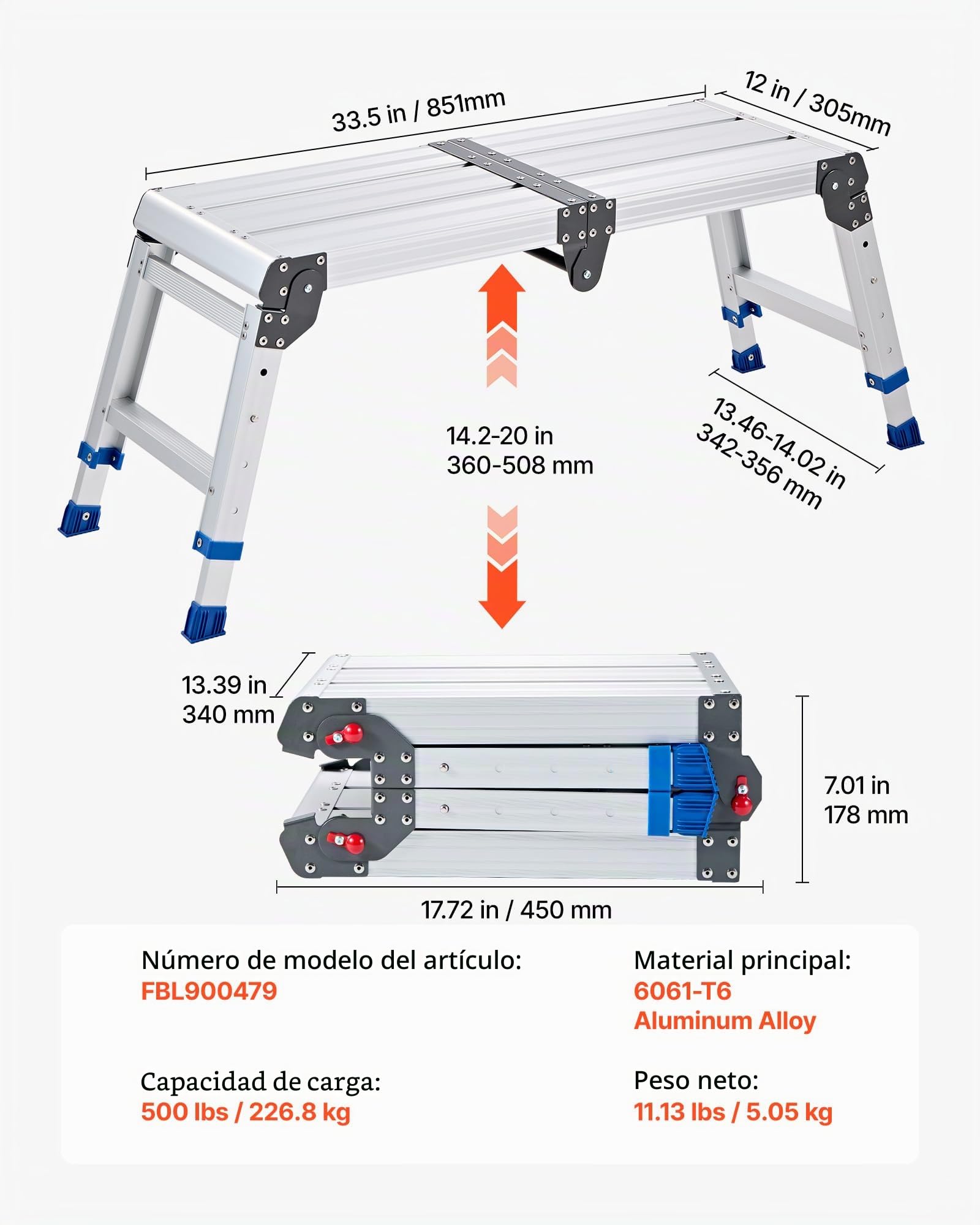 VEVOR Plataforma Plegable de Trabajo Capacidad de 226,8 kg, Altura Ajustable de 360 ​​a 508 mm, Escalera-Taburete de Aluminio Plegable, Portátil, Antideslizante para Pintura, Mantenimiento y Hogar