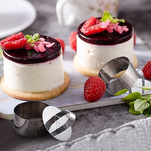 Miniatura 5 de Molde redondo para tartas de acero inoxidable, molde de mousse para tartas, anillo para tartas, incluye empujadores, 3.15 pulgadas de diámetro (36)