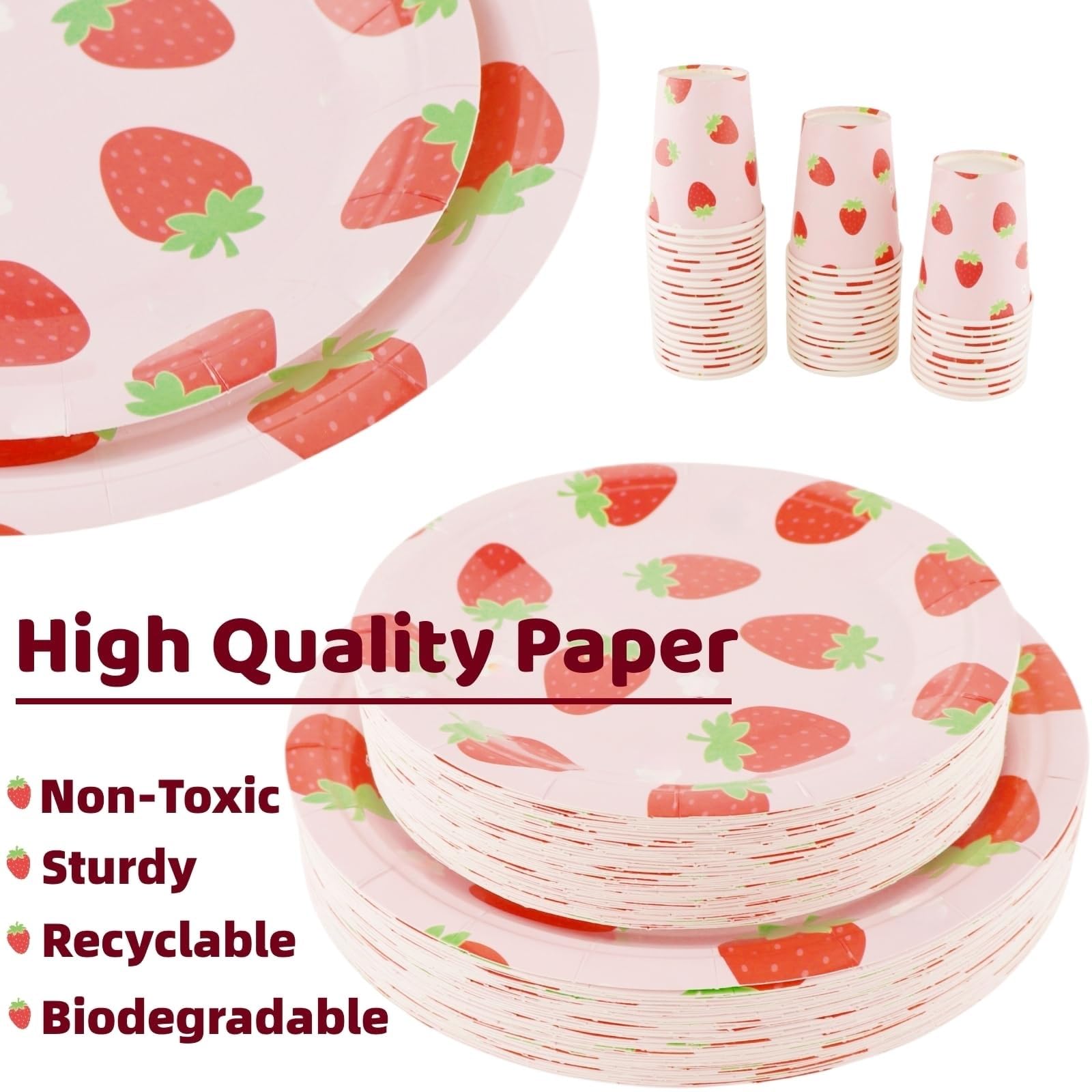 Juego de vajilla de fiesta de fresa – 200 piezas suministros para fiesta de cumpleaños, platos de papel desechables de fresa, juego de vajilla platos de cena, platos de postre, tazas, servilletas para