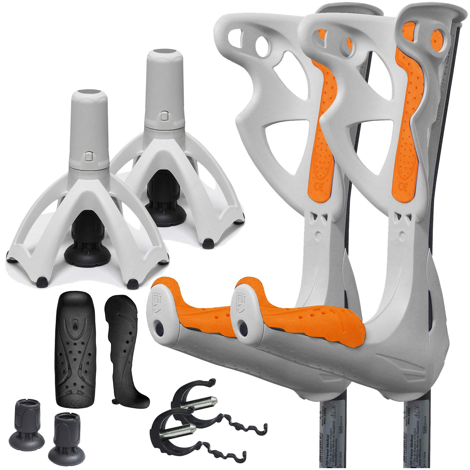 FDI Premium Height Adjustable Lightweight Elbow Forearm Walking White Crutches - Orange Grips + Service Pack Add-On + Tripod Upgrade