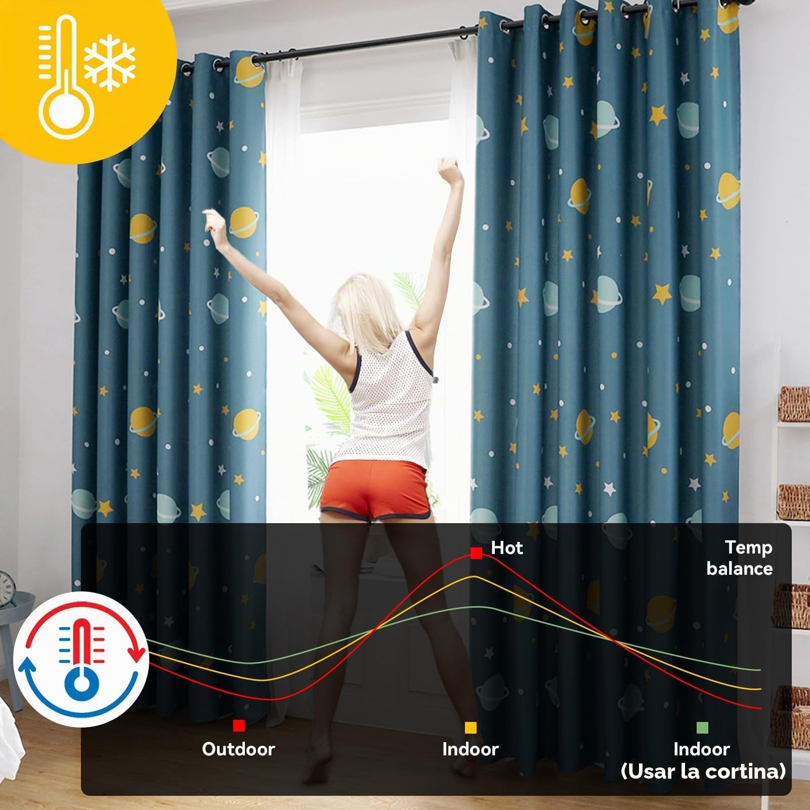 HERCHR Cortinas De Dormitorio De Planetas Azules De Dibujos Animados, Poliéster Cortinas Opacas con Aislamiento Térmico para Sala De Estar, Cortina Opaca con Diseño Estrellas para Cocina (1 Pieza)