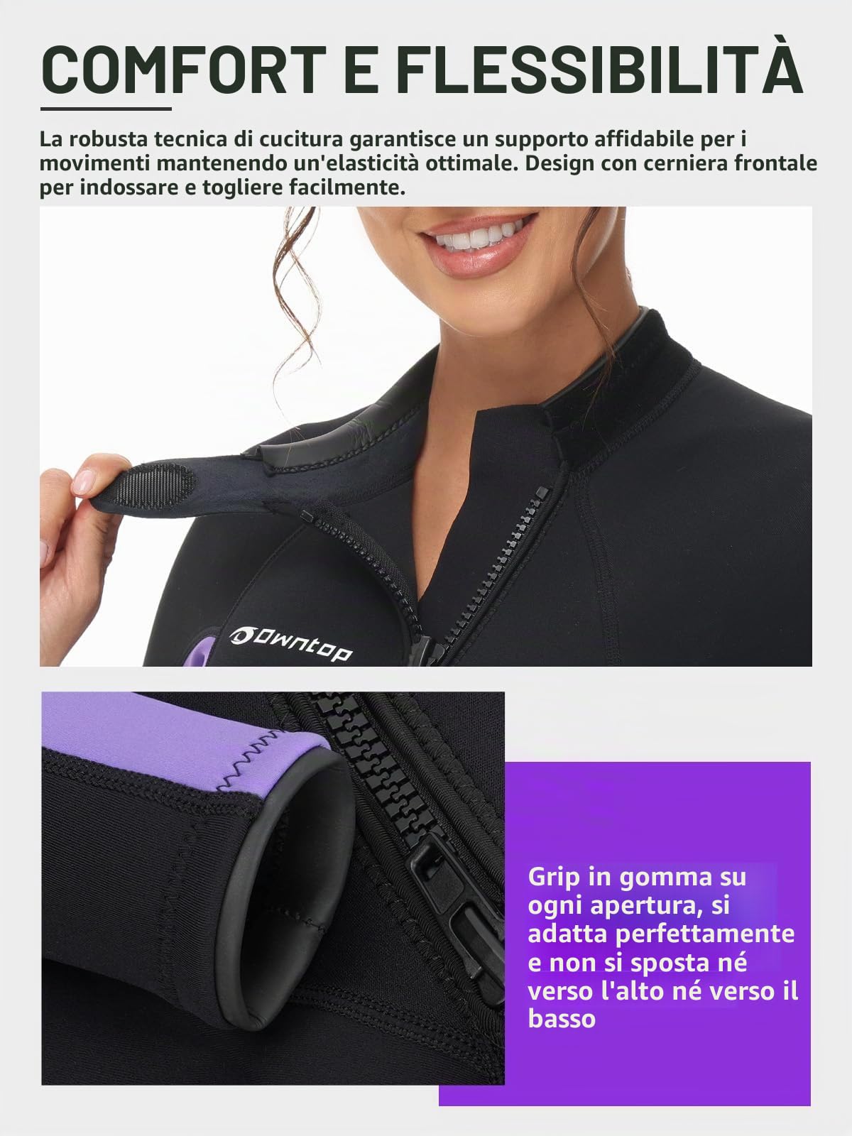 Owntop Muta da Donna 3/2mm - Muta da Sub Completa con Zip Frontale, Stretch Pro Neoprene Wetsuit Termica Lunghezza Completa per Surf Snorkeling, Donna Purple S