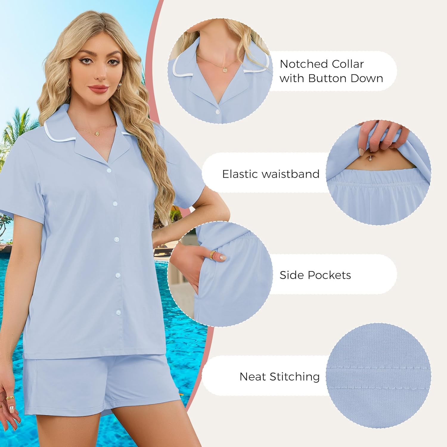 HEARTNICE Short Sleeve Pajamas Set for Women, Button Down Lounge Pjs Shorts with Pockets Sleepwear Summer 2 Piece Soft - Image 3