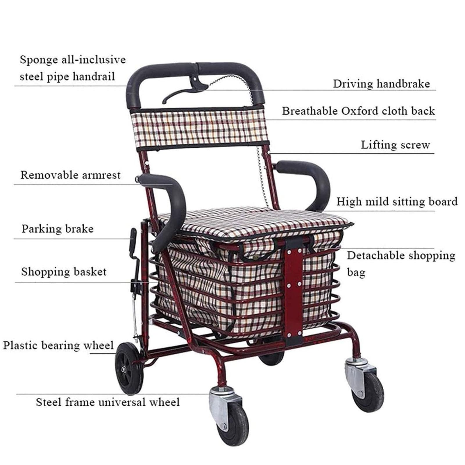 Rollator De 4 Ruedas, Carrito Compra Andador con Asiento Y Frenos Carrito Andador Ancianos Ligero Plegable White