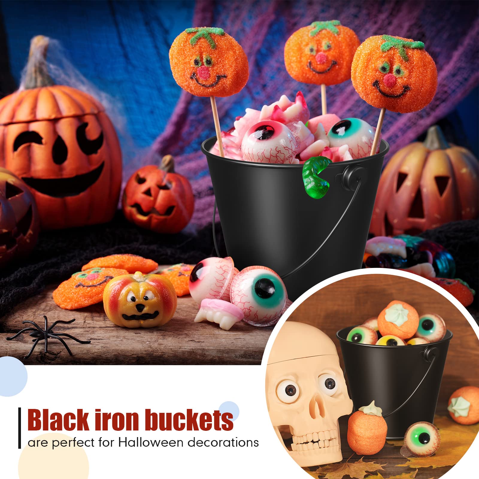 24 cubos pequeños de metal negro, cubo pequeño galvanizado de hierro con asas para Halloween, Navidad, recuerdos de fiesta, decoración de boda negra, manualidades, barras de caramelo, jarrón, aula 5