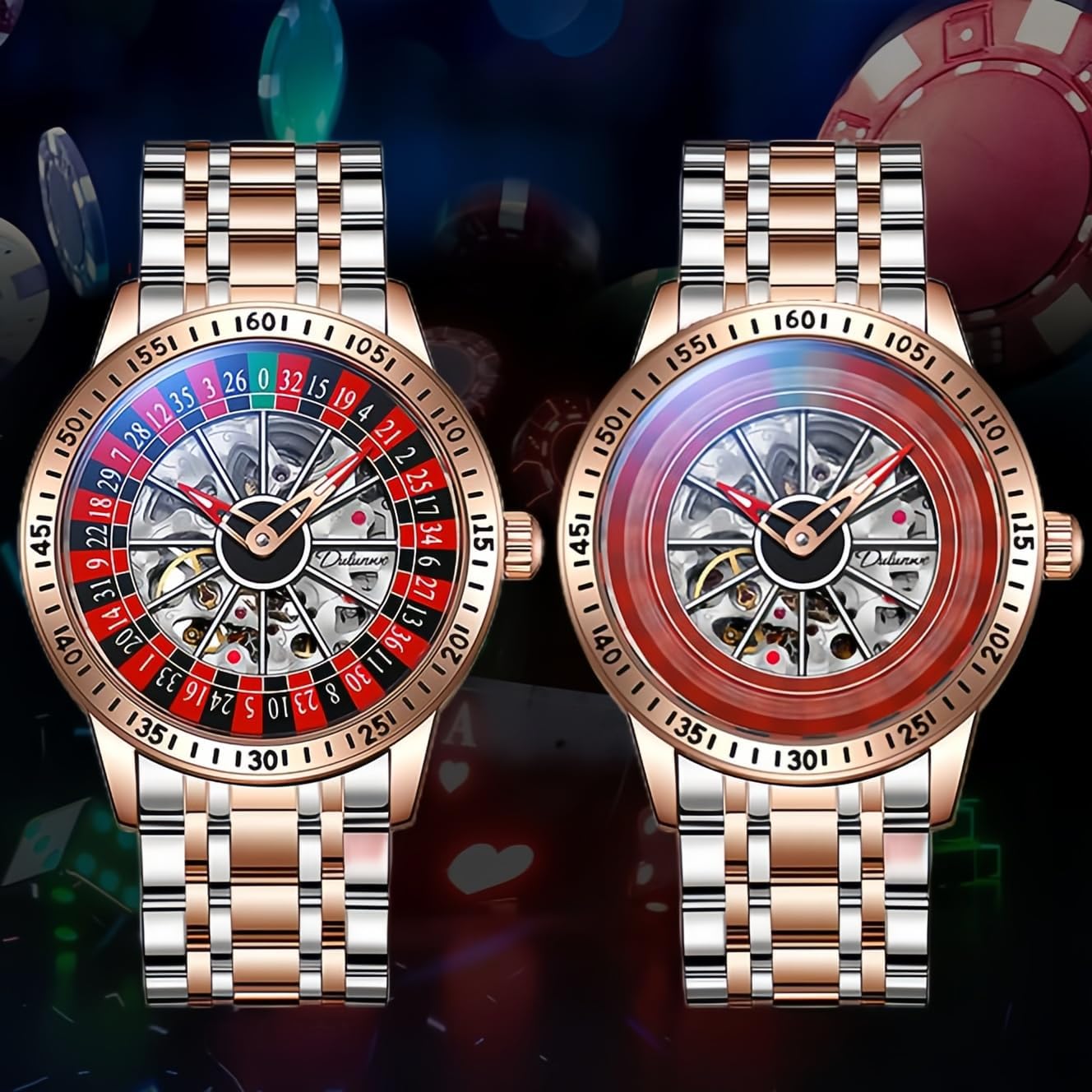 Mens Gambling Automatic Mechanical Skeleton Hollow Waterproof Luminous Watch Stainless Steel Band Self Winding Roulette Wheel Business Casual Wristwatch