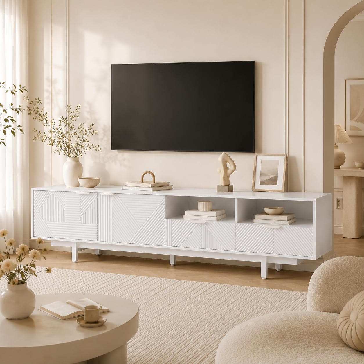 Armario bajo para TV de 200 cm de largo, con 2 puertas y 2 cajones, apto para 90 pulgadas, mesa de televisión con compartimento abierto, armario para salón, dormitorio, 200 x 40 x 51 cm, blanco