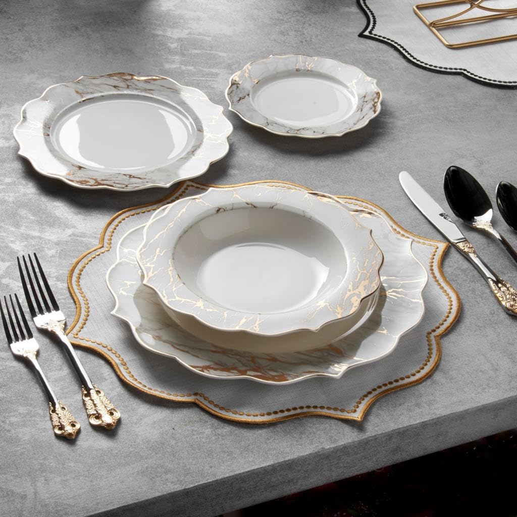 Luxury White and Gold 24 Piece New Bone China Dinnerware Set for People  Dinner Plates, Soup Plates, Dessert Plates, Small Plates Crockery Dinner