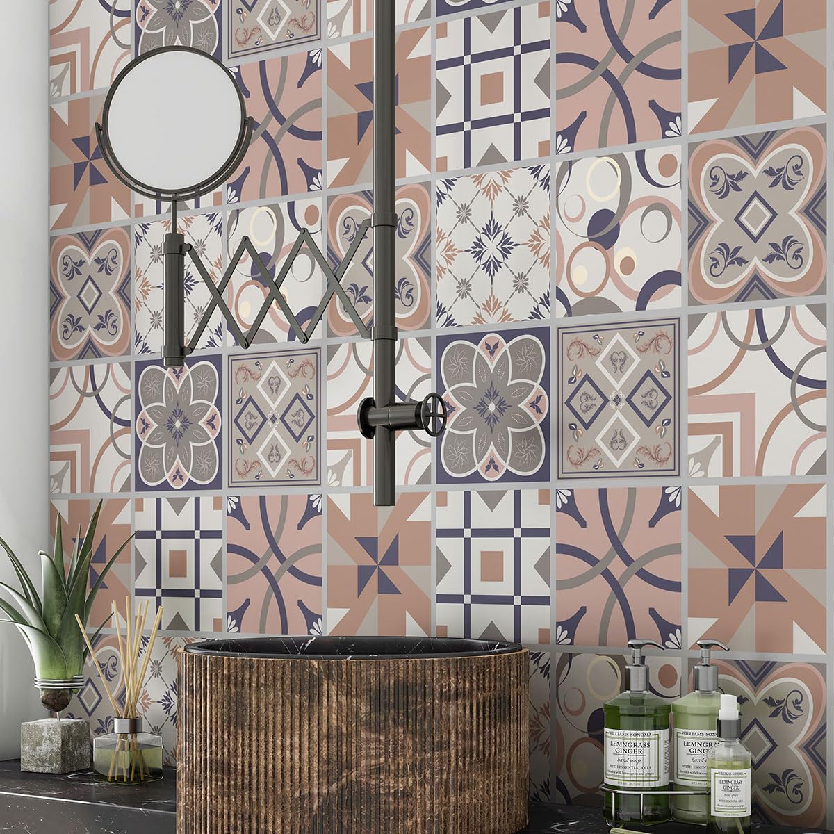 Lumalea Adesivo adesivo per bagno, motivo piastrelle di cemento 3617689816265, adesivo + protezione lucida, 90 x 90 cm