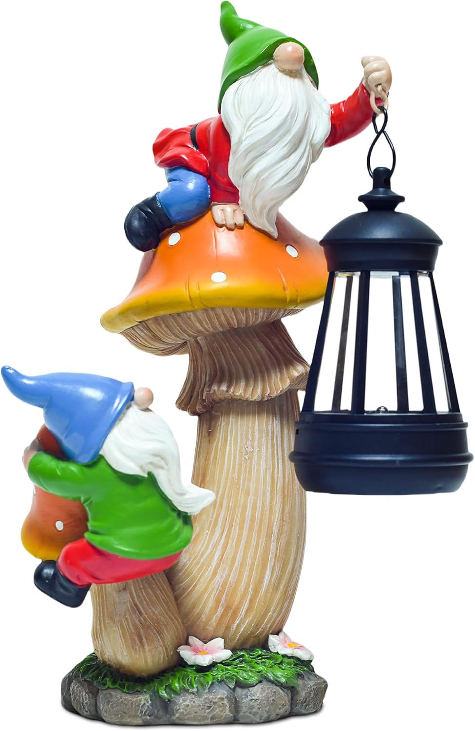 YUETJIN Funny Garden Gnomes Outdoor Climbing on Mushroom with Holding a Solar LED Lantern Resin Mushroom Statue for Patio Yard Lawn Porch Decor