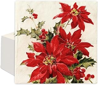 100Pcs Christmas Flower Paper Napkins Poinsettia Luncheon Napkin Disposable Dessert Dinner Hand Napkin for Xmas Holiday Party Supplies