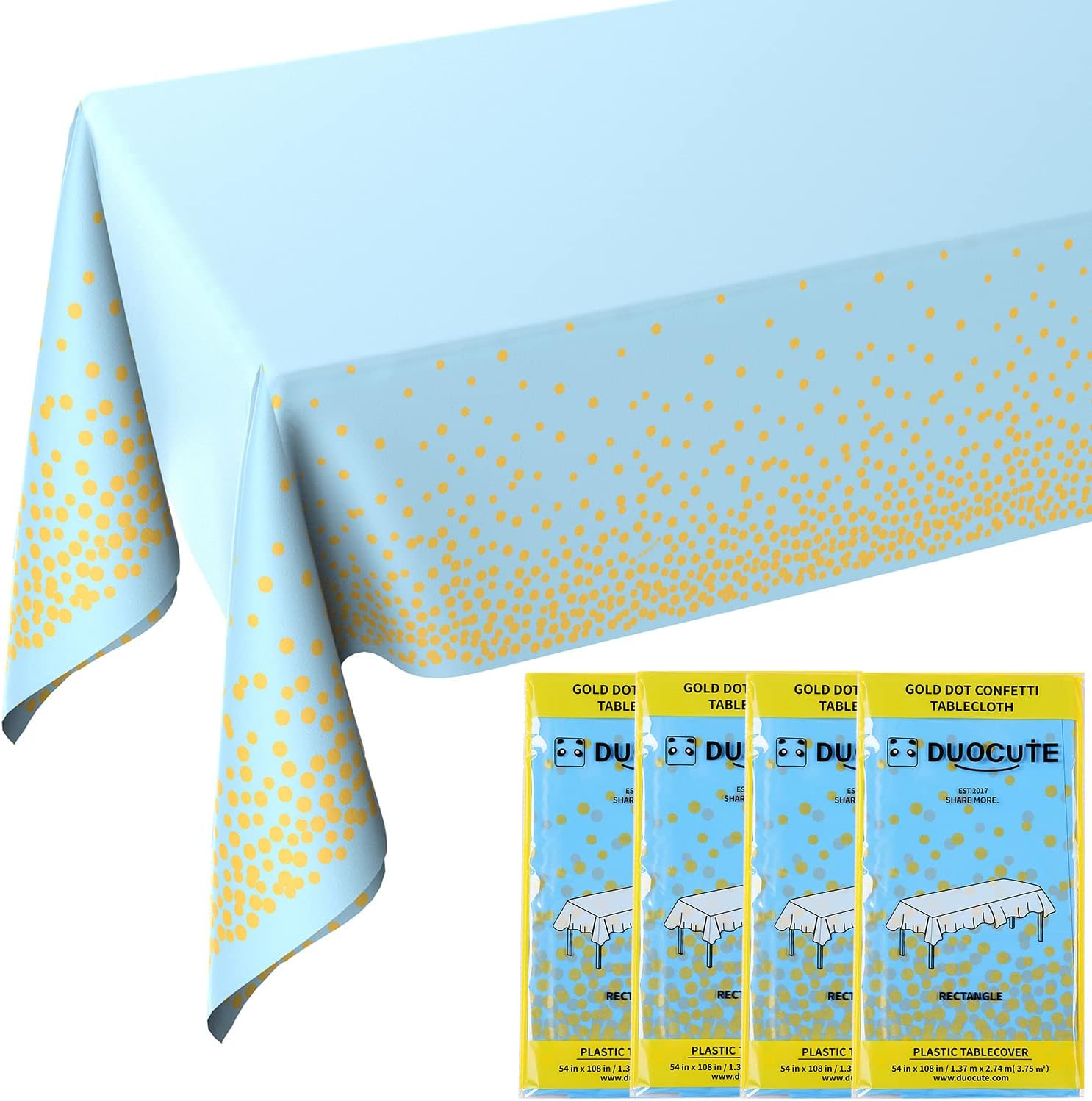 Blue and Gold Tablecloths for Party 4 Pack - 54 X 108 inch, Gold Dot Confetti Disposable Rectangular Plastic Table Cover for Baby Shower Boy Birthday Engagement Wedding Christmas BBQ Party