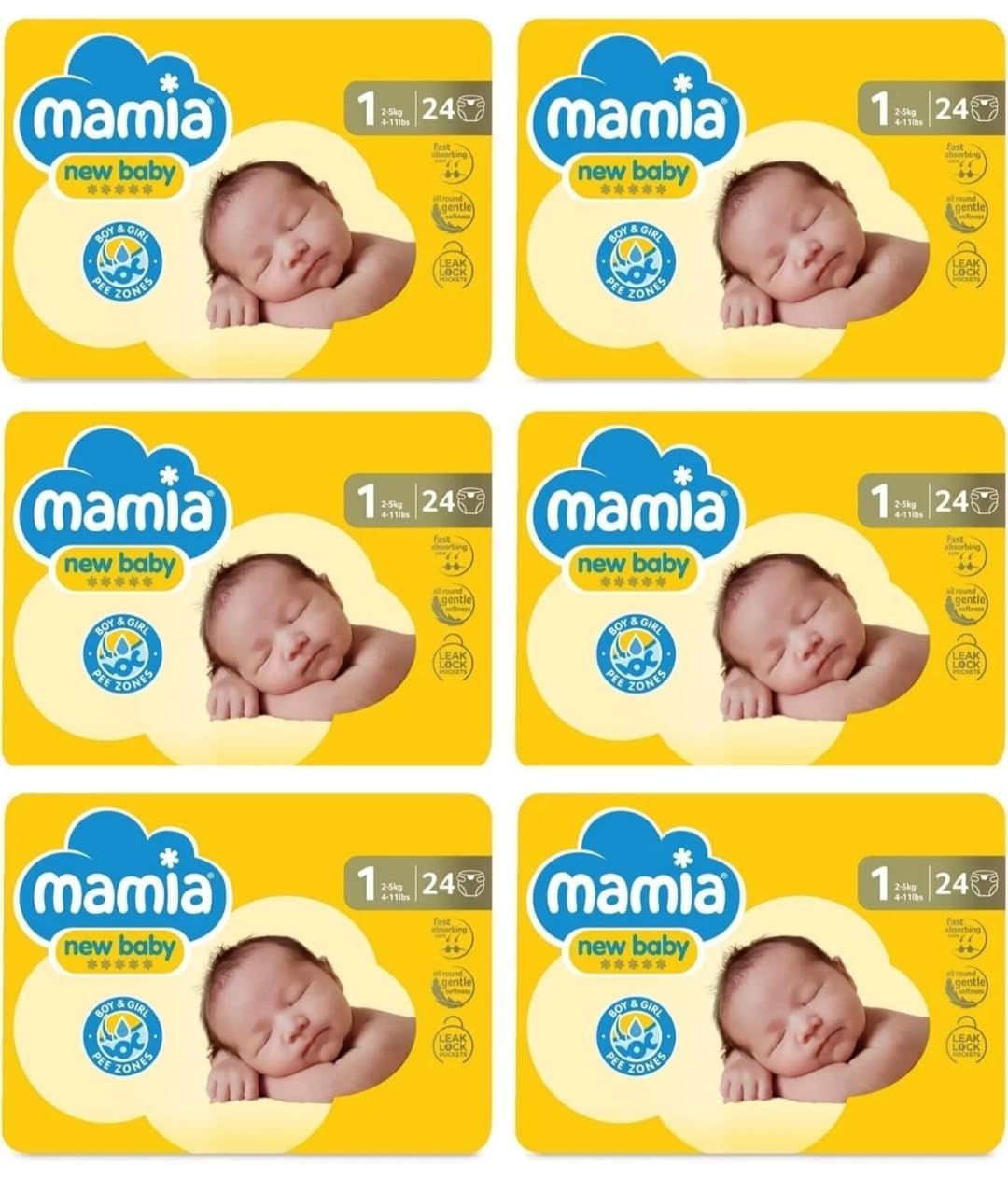 Bizzal Mamia New Baby Nappies, Size 1, 2-5kg, Fast Absorbing with Leak Lock Pockets, 144 Count (6 x 24 Pack)
