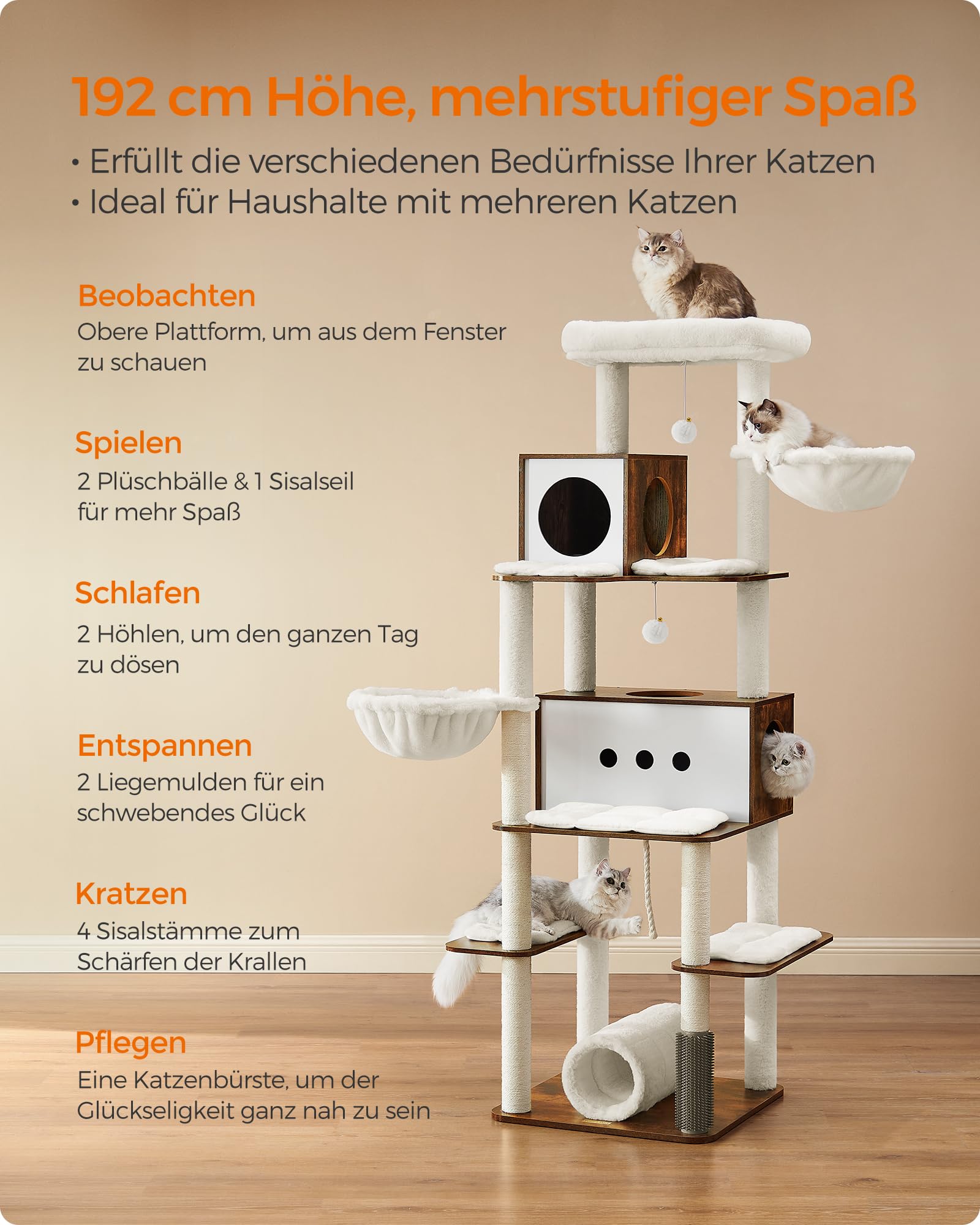 Feandrea Kratzbaum groß, 192 cm hoch, Katzenbaum XXL, modern, mehrstöckiges Katzenhaus mit 2 Höhlen, 2 Liegemulden, 4 Kratzstämmen, Katzenbürste, Tunnel, Plattformen, vintagebraun PCT193X01