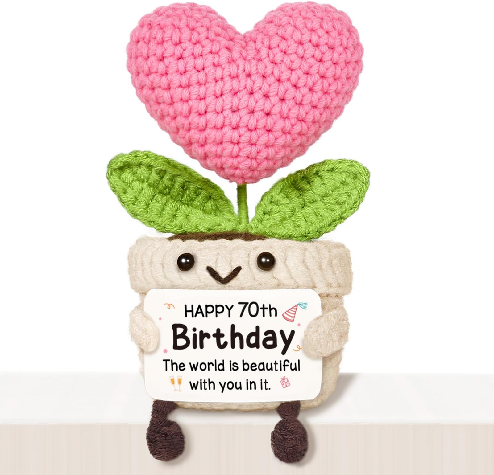 70th Birthday Gifts for Women - Handmade Crochet Positive Heart Flower with Warm Card - 70 Year Old Birthday Gifts for Mum Grandma Auntie Nanny Nana, Happy 70th Gift Ideas