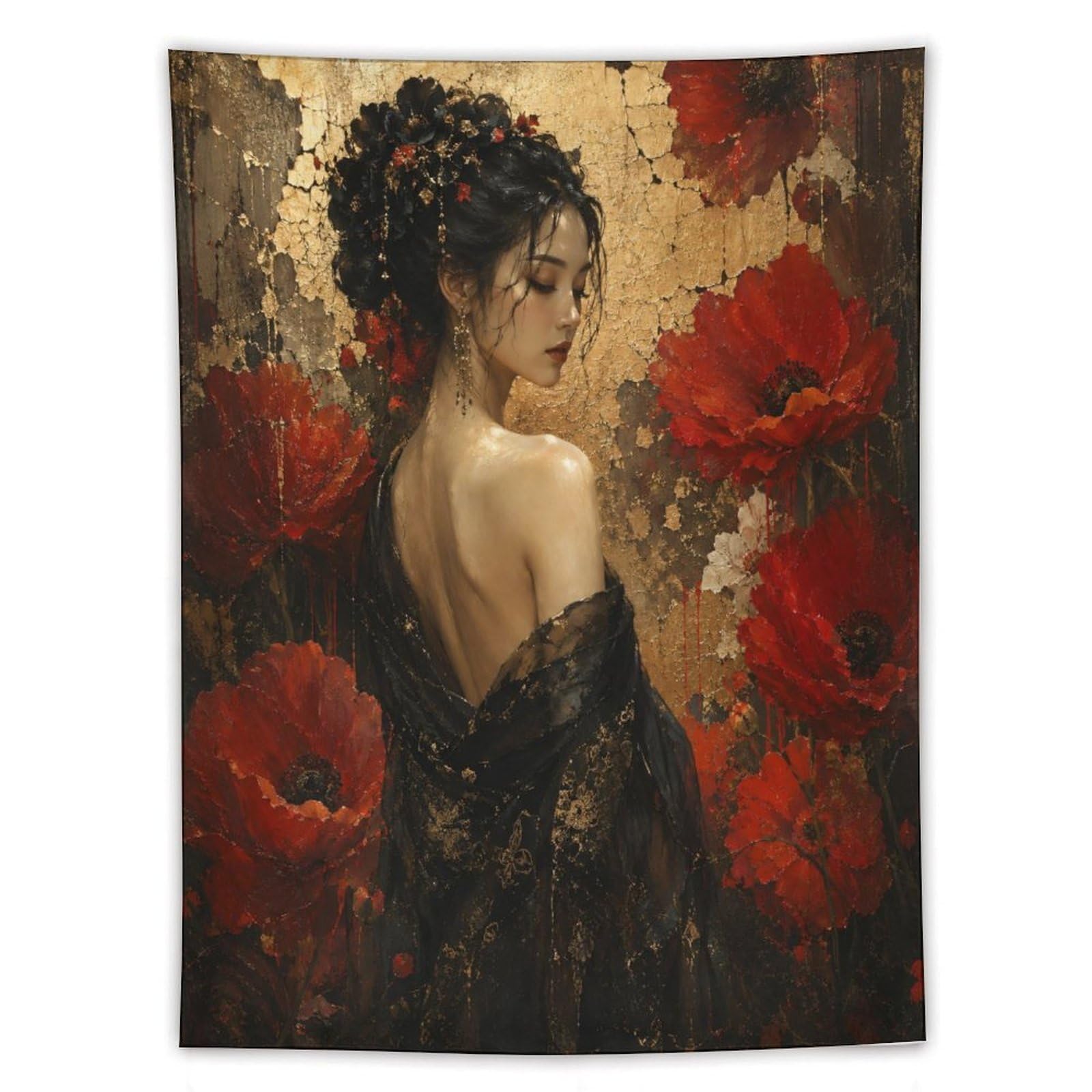 W7C8U2X3 Vintage Red Poppy Woman Wall Tapestry, Oil Painting, Backdrop