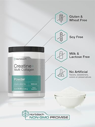 Miniatura 5 de Horbäach Monohidrato de creatina en polvo, con colágeno y L-taurina, 10.05 onzas, sin sabor, para mujeres y hombres, sin OMG, sin gluten