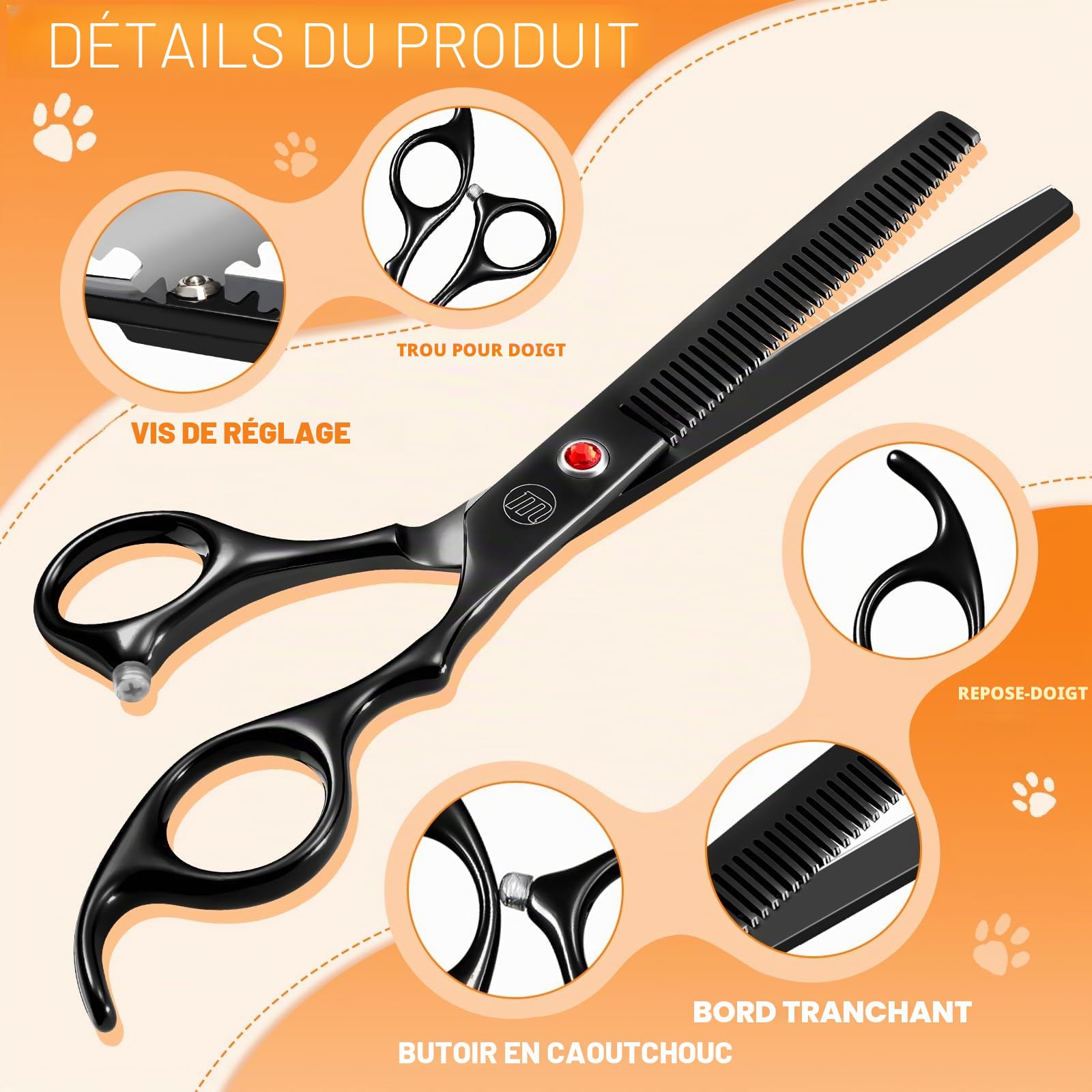 Moontay Professionnel Ciseaux Toilettage Chien et Animaux - Set Acier Inoxydable avec Droits, Courbés, Arête de Poisson, Effileurs, Peigne et Tissu de Nettoyage - Noir