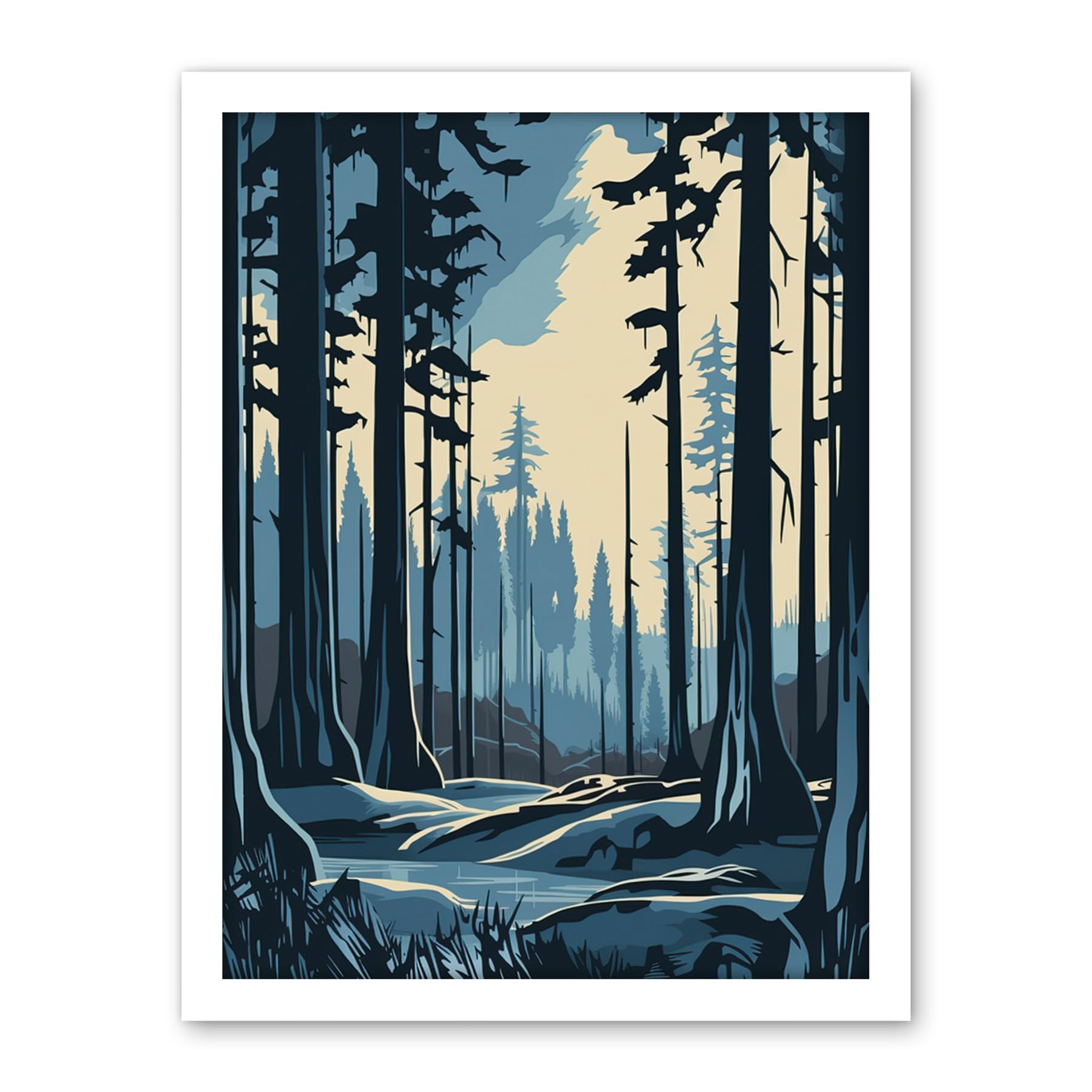 Artery8 Taiga Boreal Forest Winter Landscape Illustration Artwork Framed Wall Art Print 18X24 Inch