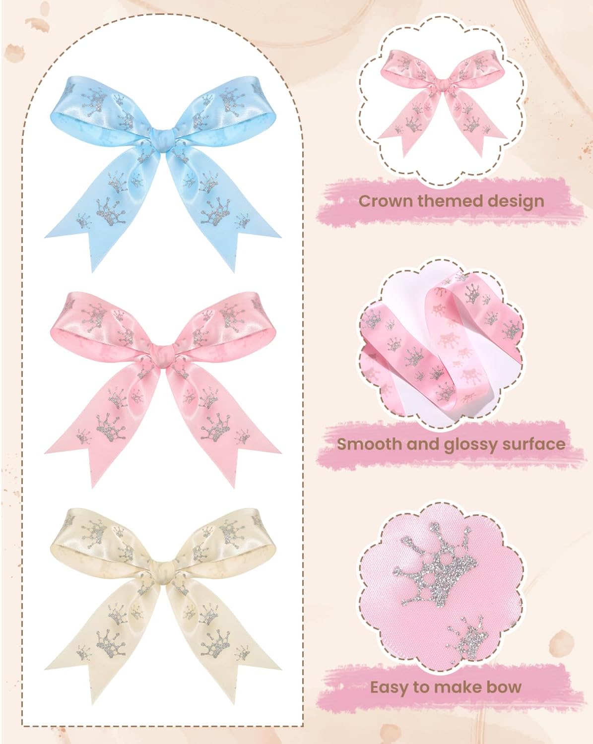 3 Rolls Silver Crown Printed Ribbon 15 Yards Craft Fabric Ribbon Single 1.5 Inch Single Face Satin Ribbons for Baby Shower, Birthday, Gift Wrapping, Bows, Bouquets, Wedding Party Decoration - Image 4