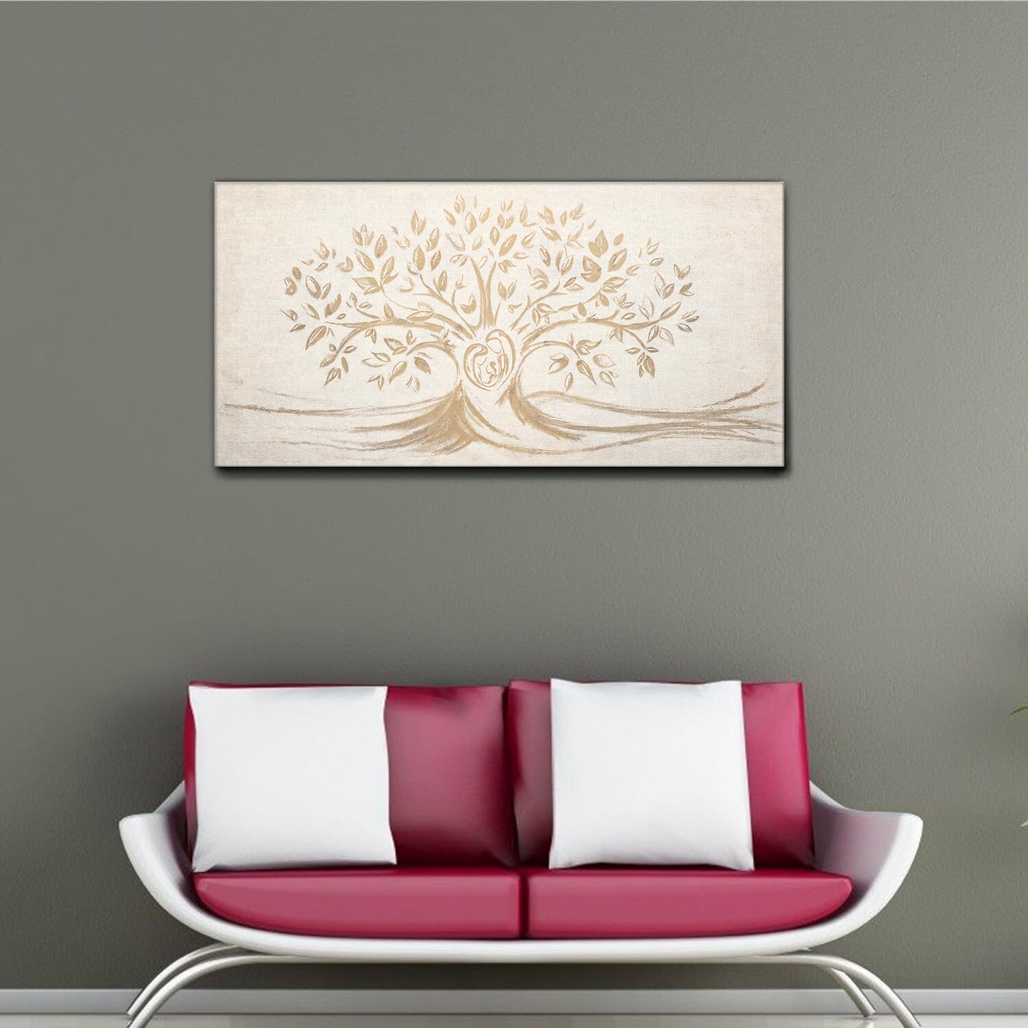 Giallobus - Quadro - 10 - Capezzale Moderno - Sacra Famiglia e Albero della Vita - Vintage - Tela Canvas Telaio Standard - 140x70 - Pronto da Appendere - Quadri Moderni per la casa