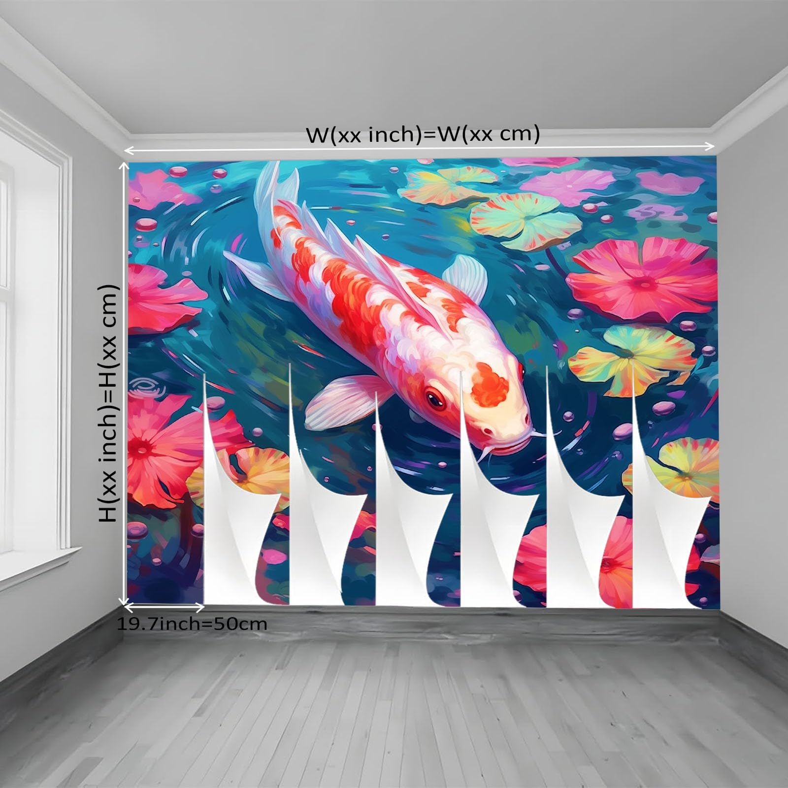 Tapeta z motywem 250 x 175 cm, ryba po chińskim stylu, tapeta z motywem lotosu do pokoju dziecięcego i kącika do majsterkowania, czerwono-zielona