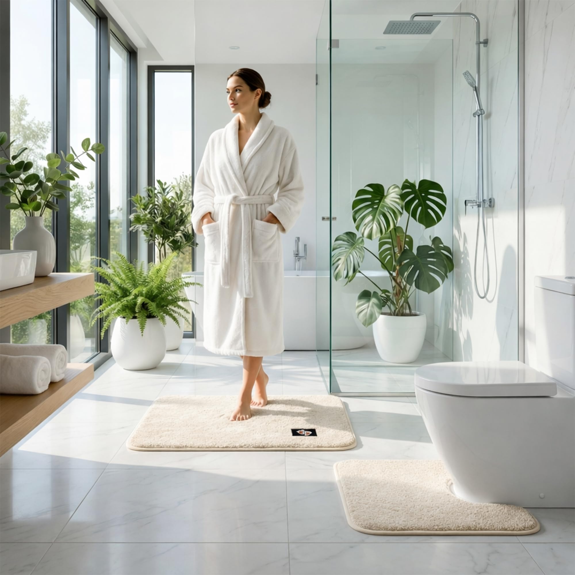 Soft Microfiber Non Slip Mat Shaggy Bathroom Rug Set of 2(50 x 40 cm+ 50 x 80 cm), Super Absorbent Machine Washable Bath Mat | Quick Dry Carpet, Cream