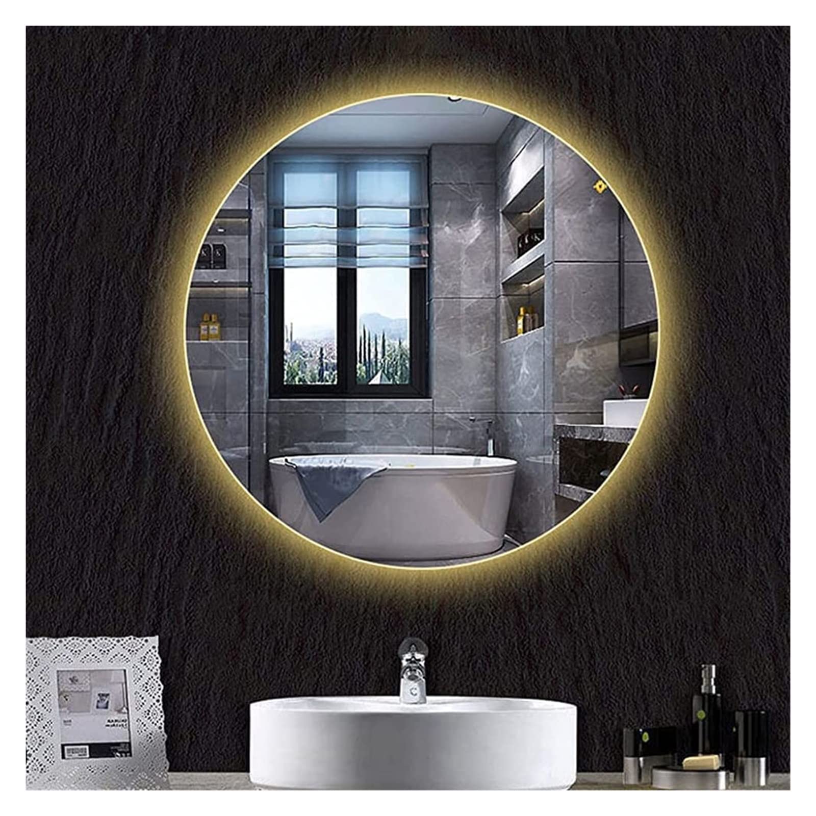 WJFTODAY LED Backlit Vanity Mirror 800mm, Circular Anti-Fog Bathroom Mirror with Energy-Saving Warm Light, Wall-Mounted Illuminated Makeup & Grooming Mirror