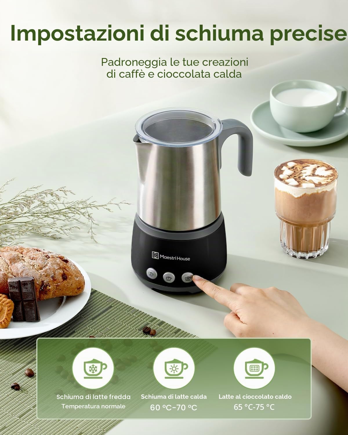 Maestri House Montalatte elettrico 4 in 1, 600 W, controllo Smart Touch per caldo e freddo, funzione di memoria per latte, cappuccino, latte caldo, cioccolata calda