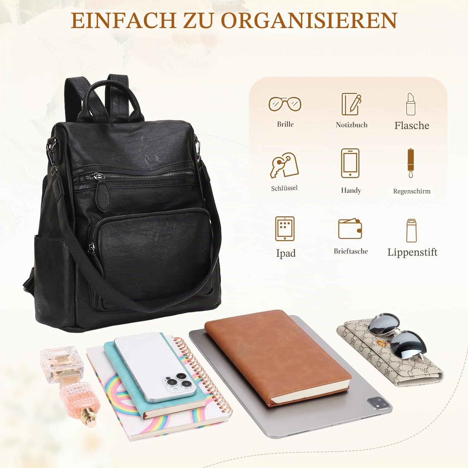 RAVUO Rucksack Damen, Elegant Cityrucksack Anti Diebstahl Pu Leder Rucksackhandtasche Wasserdicht Rucksack Tasche 2 in 1 Schwarz