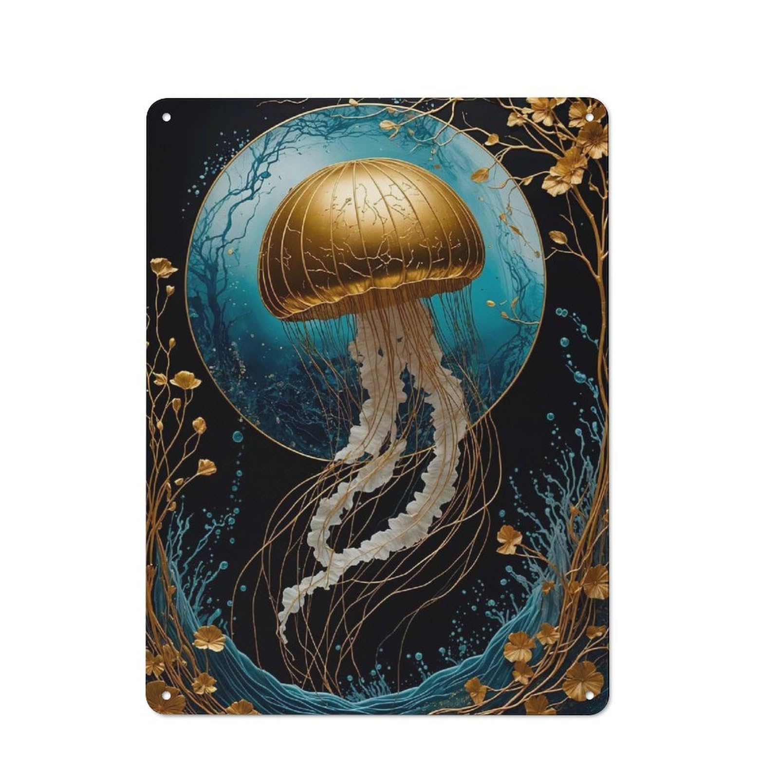 Junmoney Golden Jellyfish Kintsugi Vintage Retro Metal Sign 40X30cm Featuring Garage Wall Decor For Garage, Workshop, Shed Or Utility Room